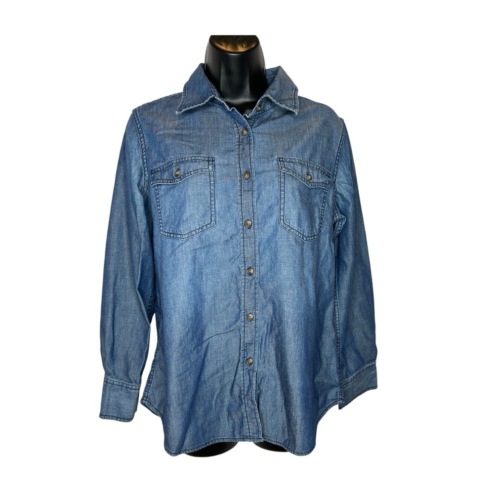 Chico's Blue Chambray Button Down Long Sleeve Top Size Medium (1- Chico’s) EUC